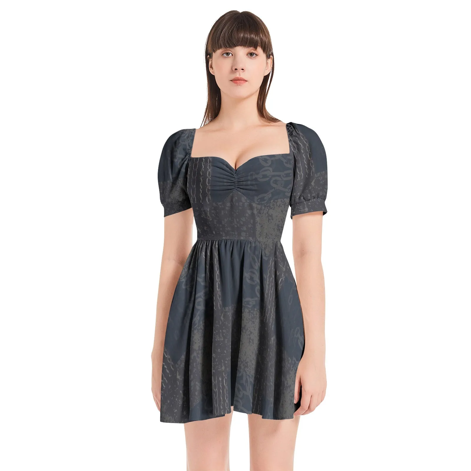 Vampire Art Grunge Patchwork Puff Sleeve Sweetheart Neck Short Dress - Chains