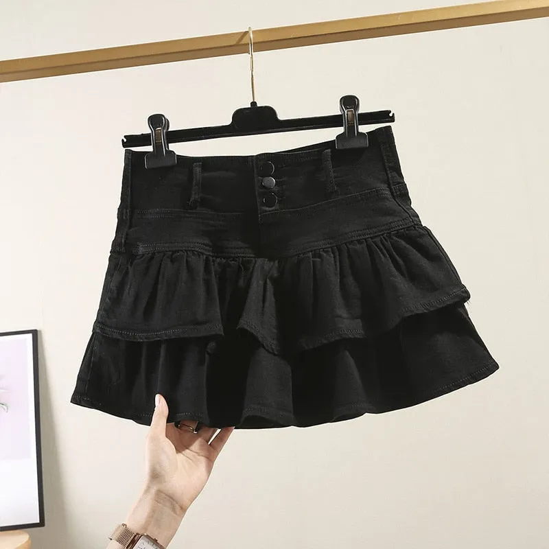 Women Denim Mini Skirt Jeans High Waist Ruffles Pleated Short Skirt