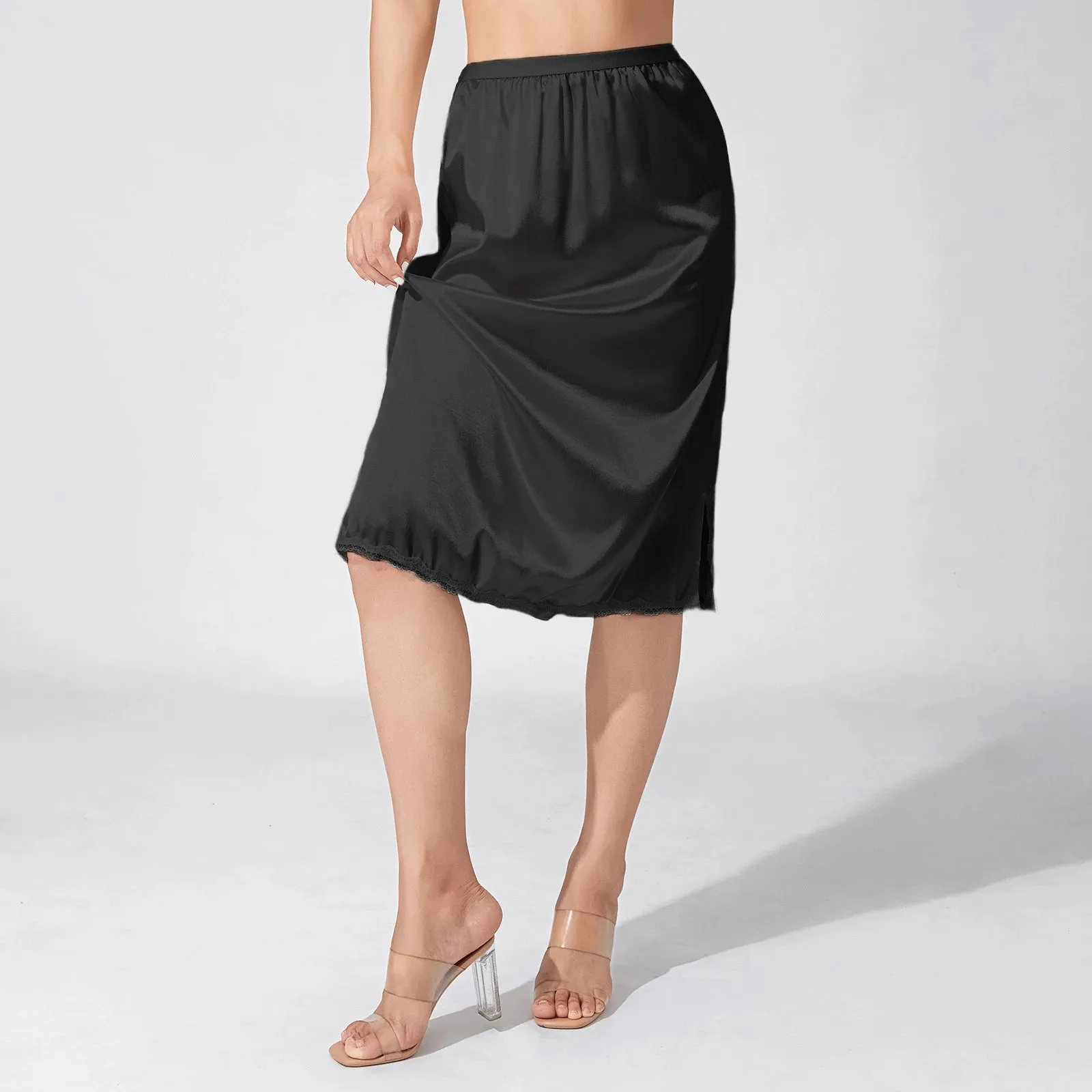 Women's Solid Color Skirts Elastic Waist Satin Underskirt Lace Trim Skirt for Under Dresses Black/White